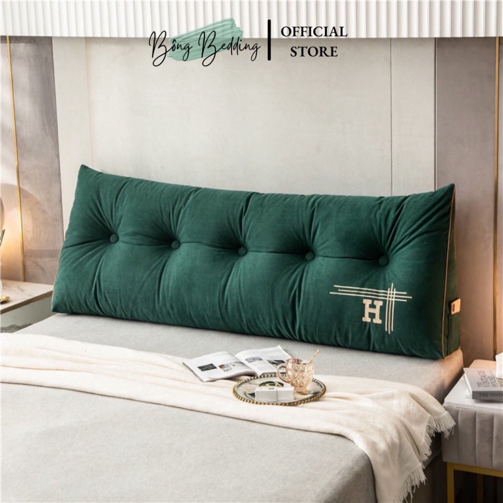 Gối Tựa Đầu Giường HIN BEDDING Hình Tam Giác Thêu Chữ H Đính Khuy Bọc Cao Cấp Có Sẵn 1m8 Và 1m5