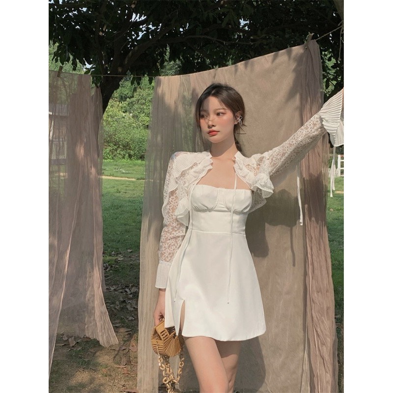 [Có ảnh thật] Set áo khoác ren tay dài+đầm 2 dây gợi cảm phong cách ulzzang SAM SAM BOUTIQUE | BigBuy360 - bigbuy360.vn