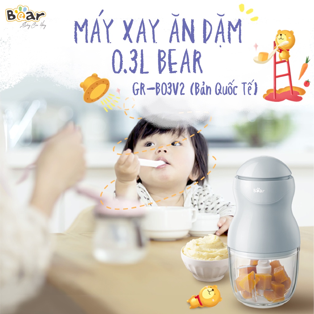 Combo Nồi Nấu Chậm 0,8L Bear  SUBE001 + Máy Xay Ăn Dặm 0,3L Bear B03V2 nấu cháo, chưng yến, đồ ăn dặm, tiện dụng