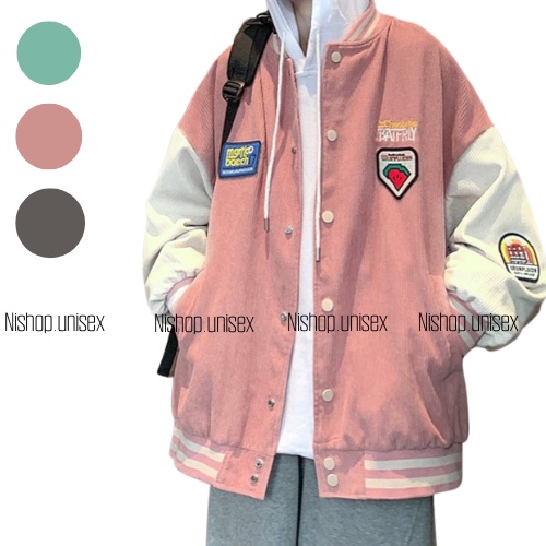 Áo khoác bomber nhung tăm thêu hình form rộng unisex cho cả nam & nữ