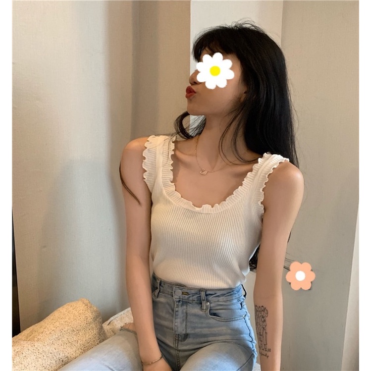 Urihouse - Áo tanktop viền xoắn màu đen, màu kem, màu trắng croptop