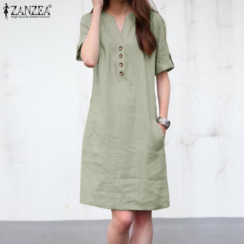 Đầm Zanzea tay lửng cổ chữ V màu trơn thời trang dành cho nữ