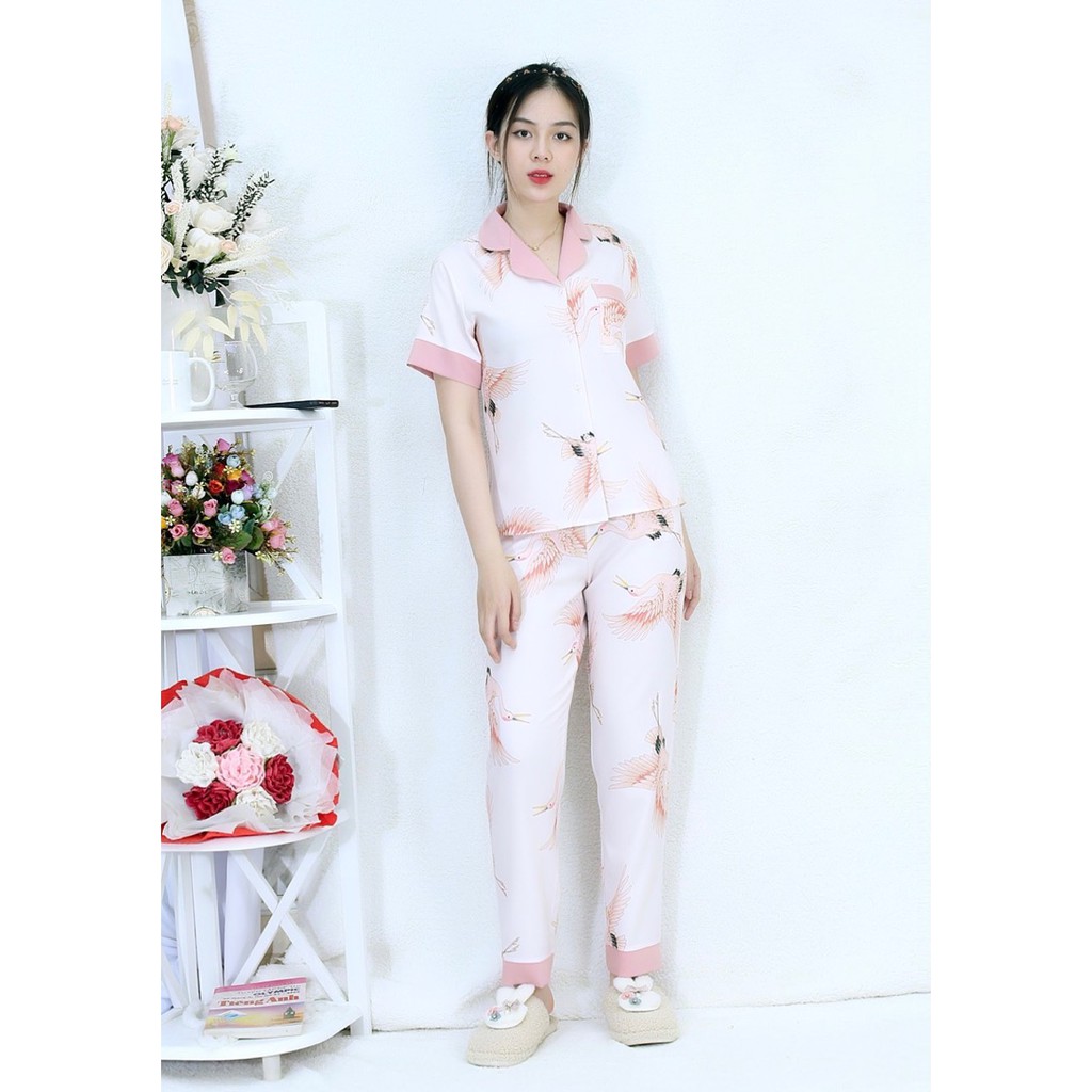 [HÌNH THẬT 100%] Bộ đồ Pijama nữquần dài áo ngắn tay CON CÒ PHA CỔ HỒNG  - vải lụa c cotton cao cấp - Cực Kì Sang Chảnh