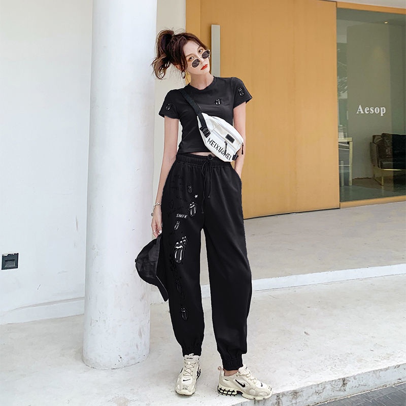 Set Áo Thun In Họa Tiết Graffiti + Quần Dài Phong Cách Thời Trang Châu Âu