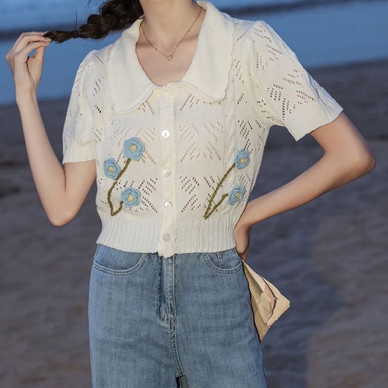 Áo Croptop Dệt Kim Tay Ngắn Thêu Hoa Xinh Xắn Thời Trang Mùa Hè Cho Nữ