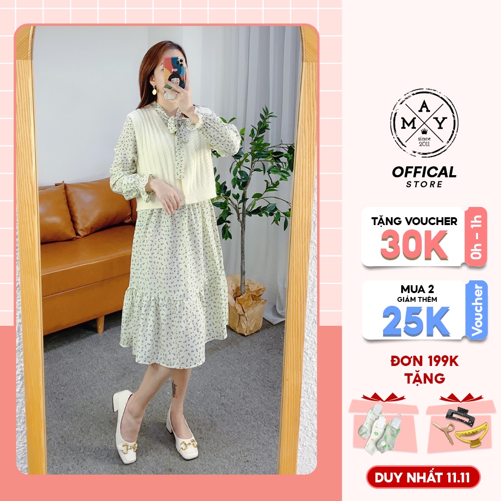 Set Váy Hoa Nhí Kèm Áo Gile Len MAY.SINCE2011 Thiết Kế Dáng Suông Chất Liệu Vải Thoáng Mát An Toàn Cho Da MAN01-0083