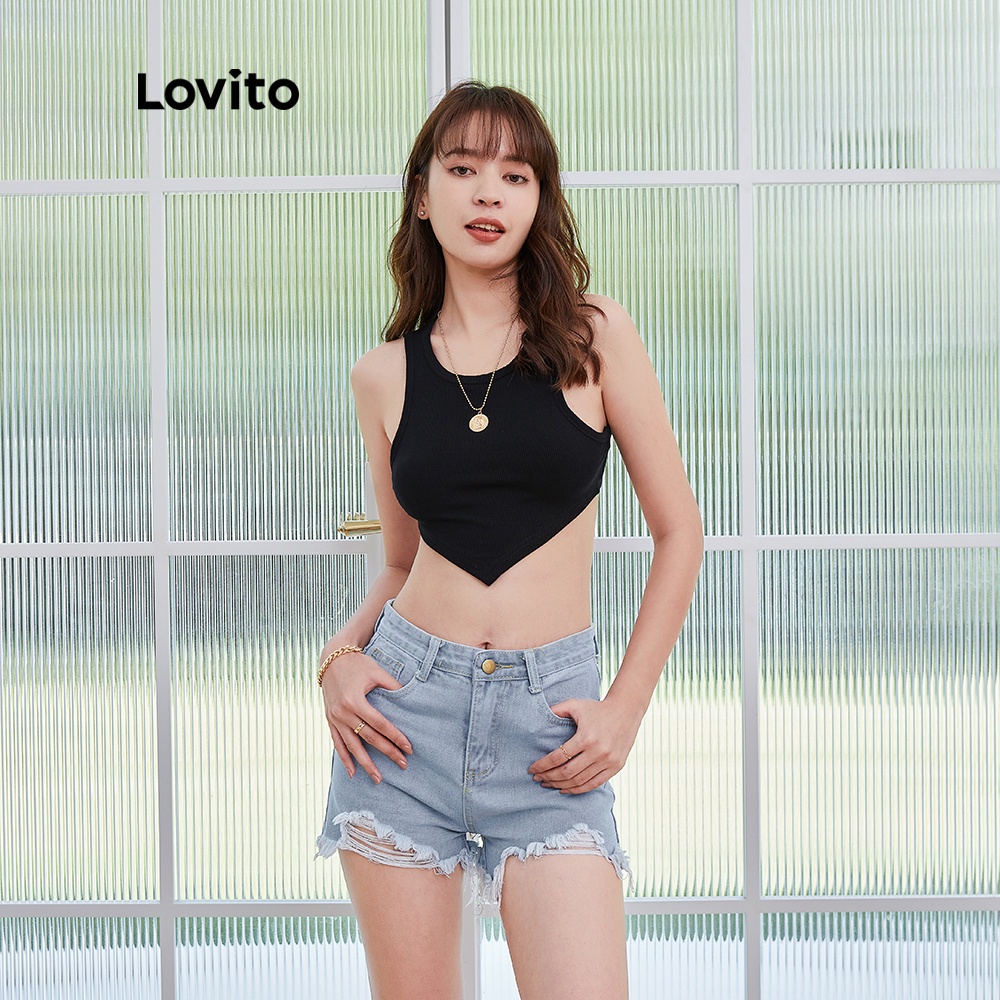 Áo Lovito ngang rốn dáng ôm đơn giản L04147 (Màu đen)