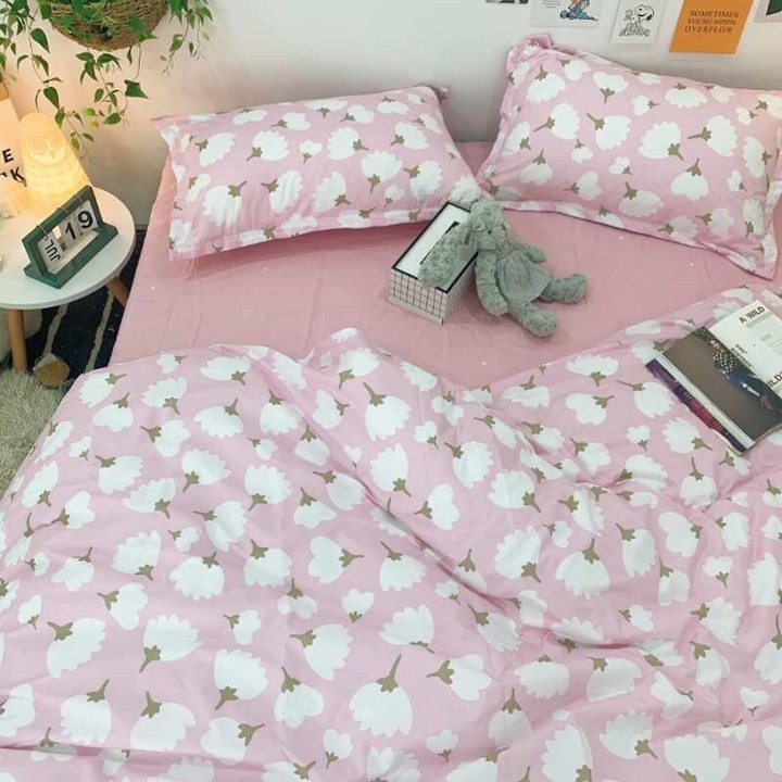 Bộ chăn ga gối drap giường chất cotton poly họa tiết bông trắng nền hồng