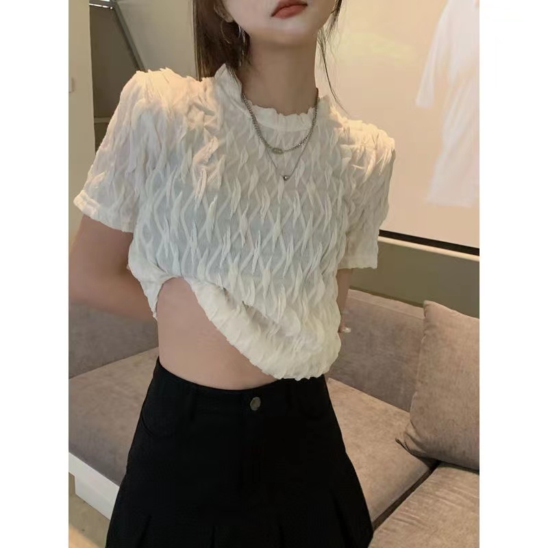 Áo Thun Nữ Ngắn Tay Cổ Tròn Phối Ren Thời Trang Hàn Quốc