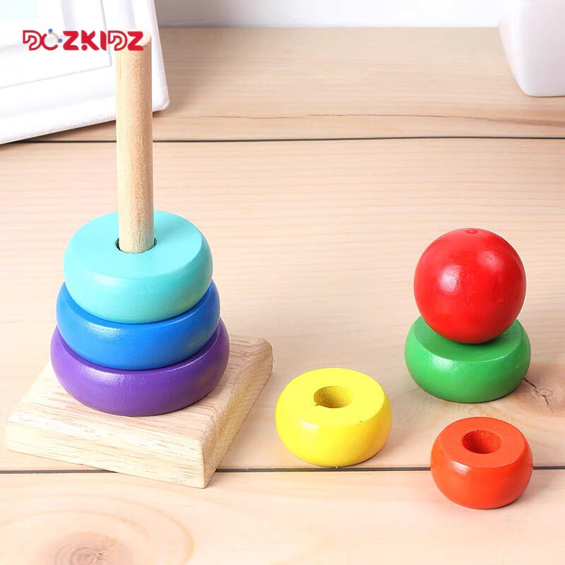 Đồ chơi gỗ - Combo bộ xếp tháp cầu vồng và luồn Hạt mini - DOZKIDZ