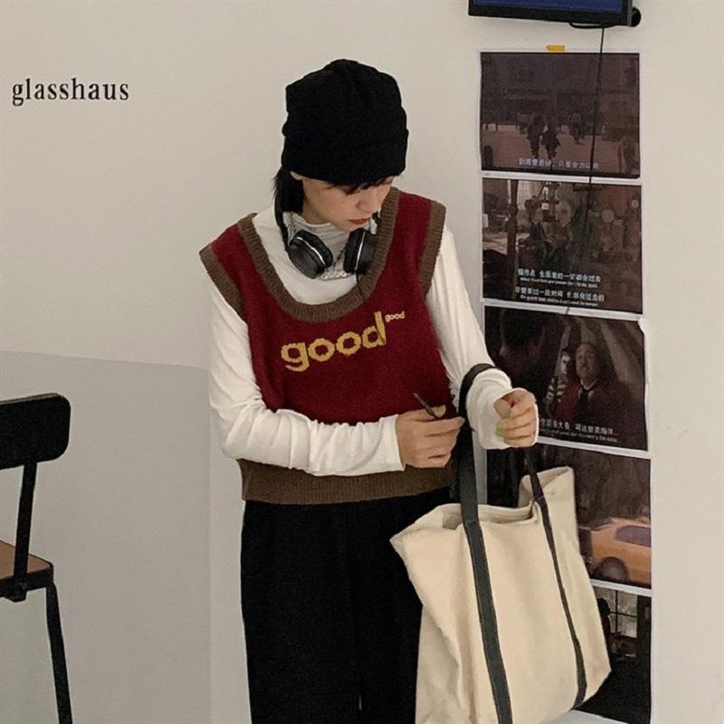 Áo khoác ghi lê dệt kim cổ tròn in chữ thời trang thu đông cho nữ