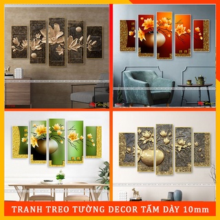Tranh dán tường 3D giả đồng khổ lớn 5 tấm ghép dày 3mm - Tranh hoa sen đất đẹp, kèm băng dính xốp