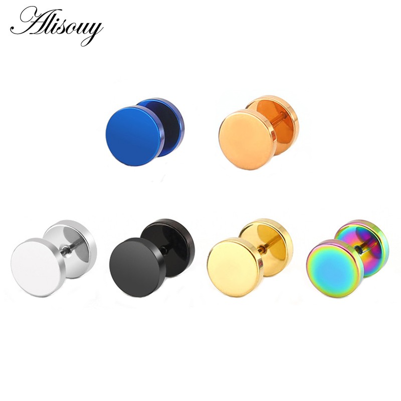 Set 2 Khuyên Tai Tròn Đen Bằng Thép Không Gỉ 6-12mm Cá Tính Cho Nam