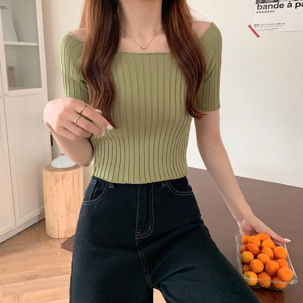 Áo nữ croptop Thun Gân Trễ Vai tay ngắn - AK0041 | steven.factory