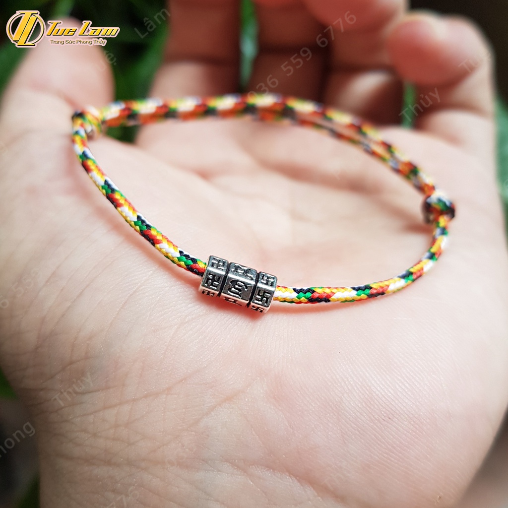 Vòng tay chỉ ngũ sắc tây tạng may mắn mix charm ống trụ khắc chú bình an - Tuệ Lâm