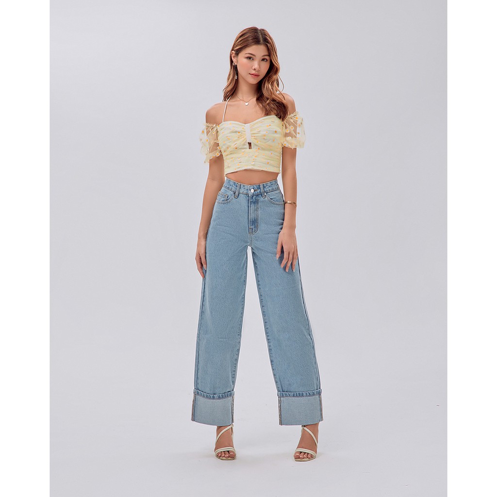 Áo croptop SheByShj màu vàng tay bồng họa tiết hao cúc - Yellow Daisy Top