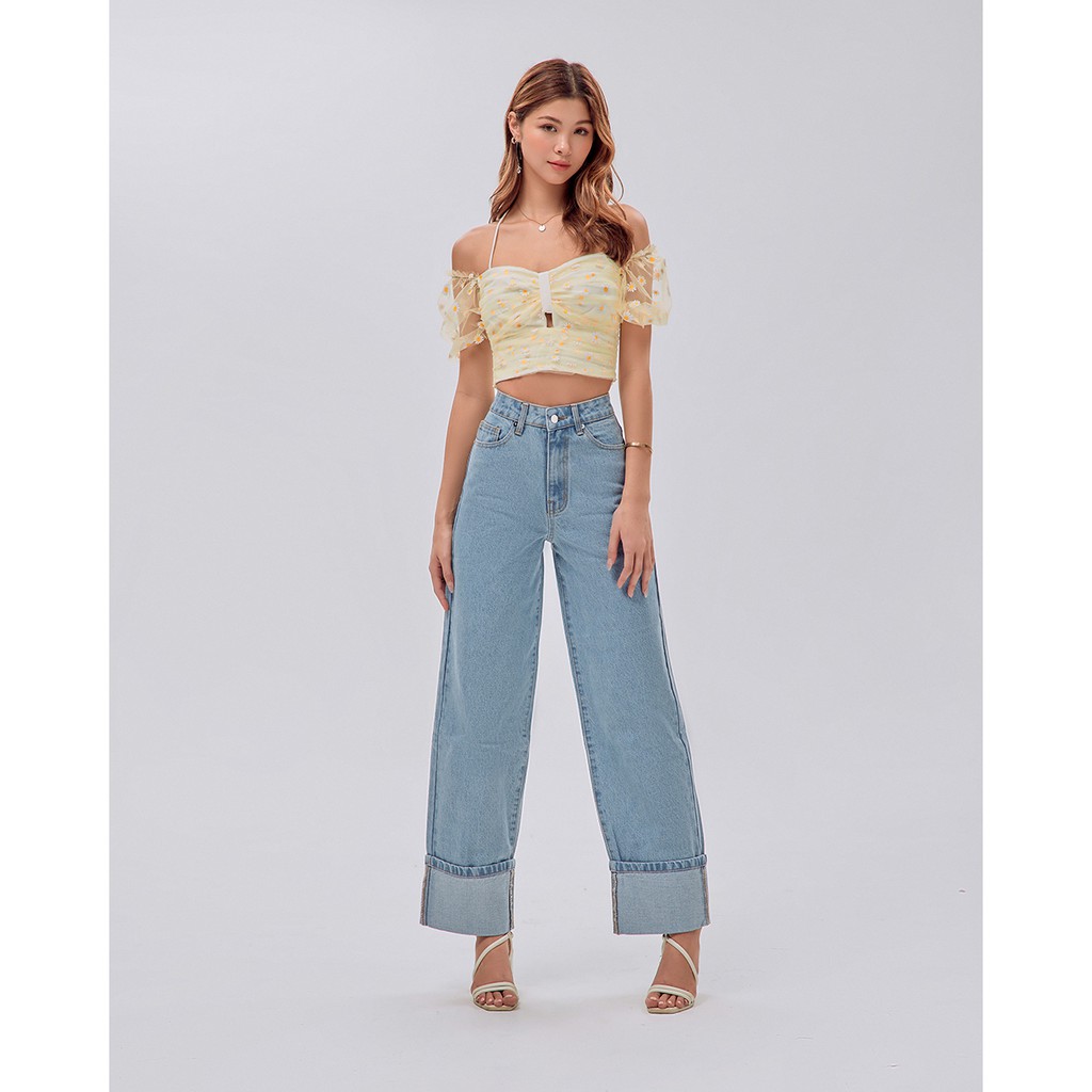 Áo croptop SheByShj màu vàng tay bồng họa tiết hao cúc - Yellow Daisy Top