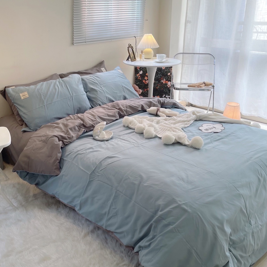 Bộ chăn ga gối đệm Cotton TC phối ga trải giường xám MÂY BEDDING đủ màu xám xanh dương xanh mint be đủ kích thước nệm