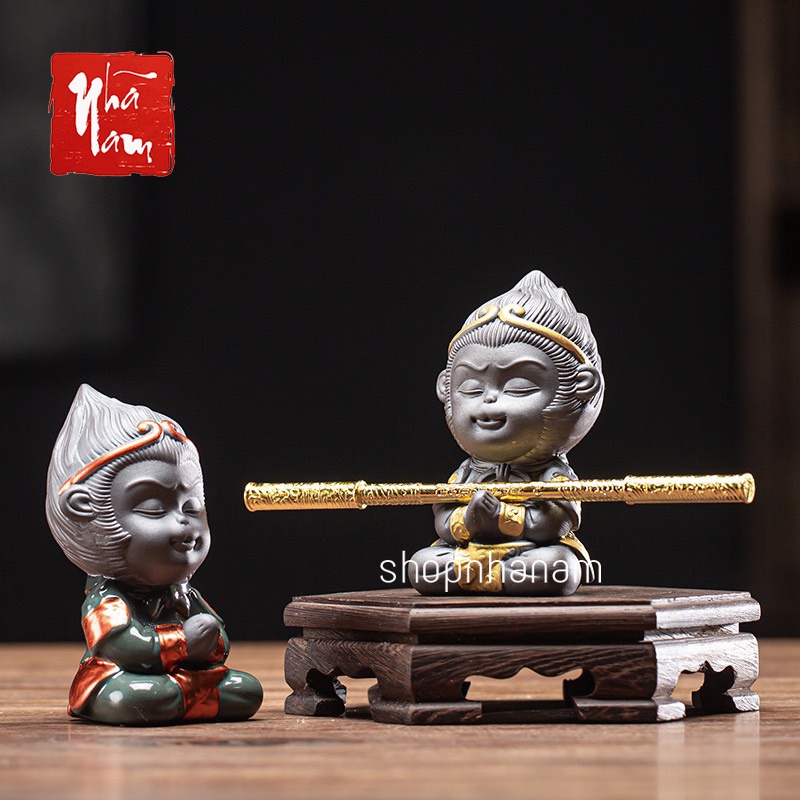[Tặng gậy] Tượng tôn ngộ không gốm sứ mỹ hầu vương màu lam ngọc phụ kiện trang trí bể cá