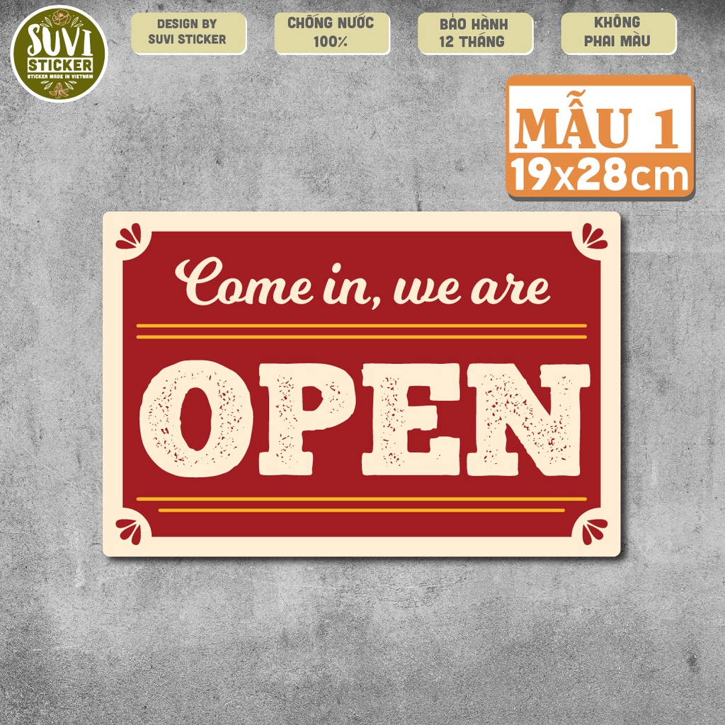 Decal Open khổ lớn trang trí tường, dán kính, trang trí quán cà phê khổ A4, A5 chống nước. MSP: KL13