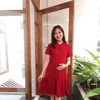 Váy bầu công sở đầm bầu cho bé ti đuôi cá đỏ cúc thật Full size S/M/L