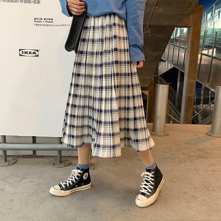 Chân Váy Midi Chữ A Lưng Cao Co Giãn Họa Tiết Sọc Caro Phong Cách Nhật Bản Cho Nữ