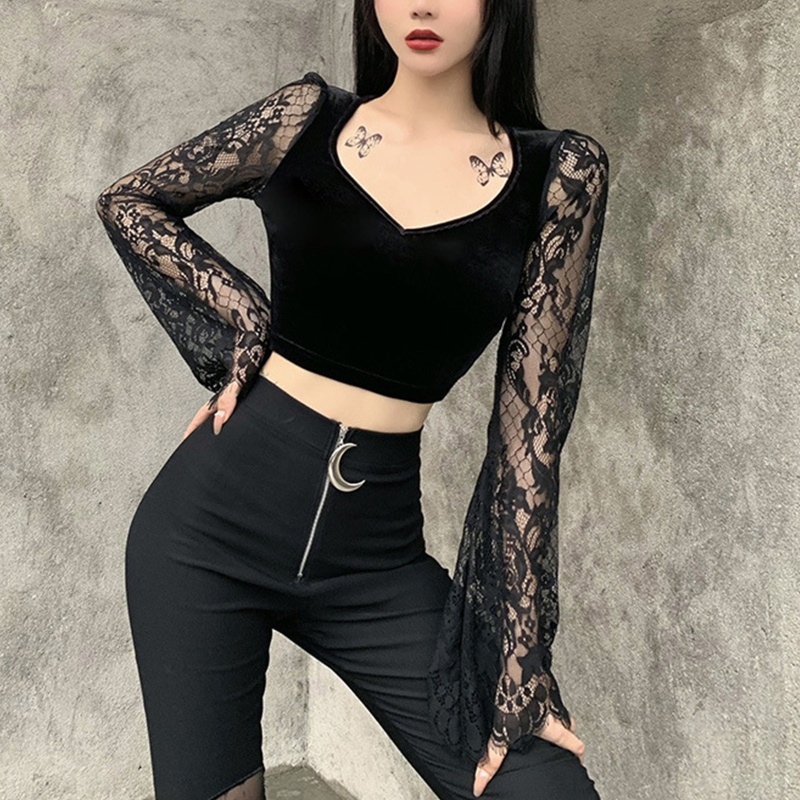 Áo Croptop Nhung Đen Tay Dài Ống Loe Cổ Chữ V Khoét Sâu Phối Ren Phong Cách Vintage Harajuku Thanh Lịch Cho Nữ