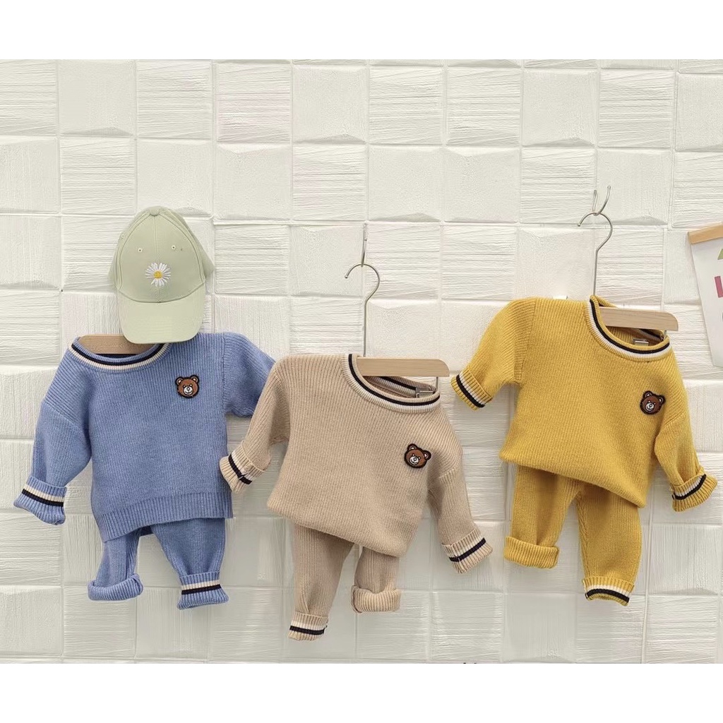 Bộ Len Cho Bé Trai Từ 5-14kg(0-3 tuổi), Bộ Len Hình Gấu Dày Dặn Hàng Quảng Châu