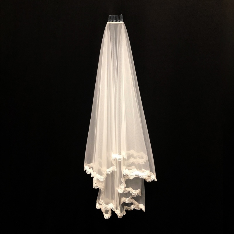 Mạng Che Mặt Với Lược Kim Loại 2 Tầng Vải Tuyn Ren Cho Cô Dâu