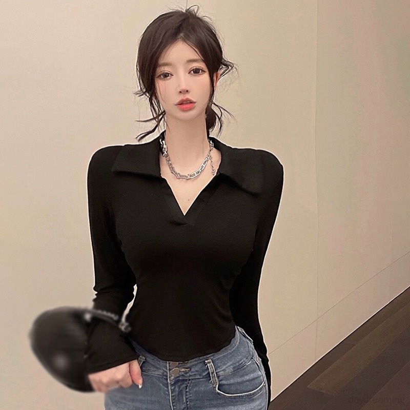 Áo Thun Tay Dài Cổ Chữ V Màu Sắc Đơn Giản Phong Cách Hàn Quốc