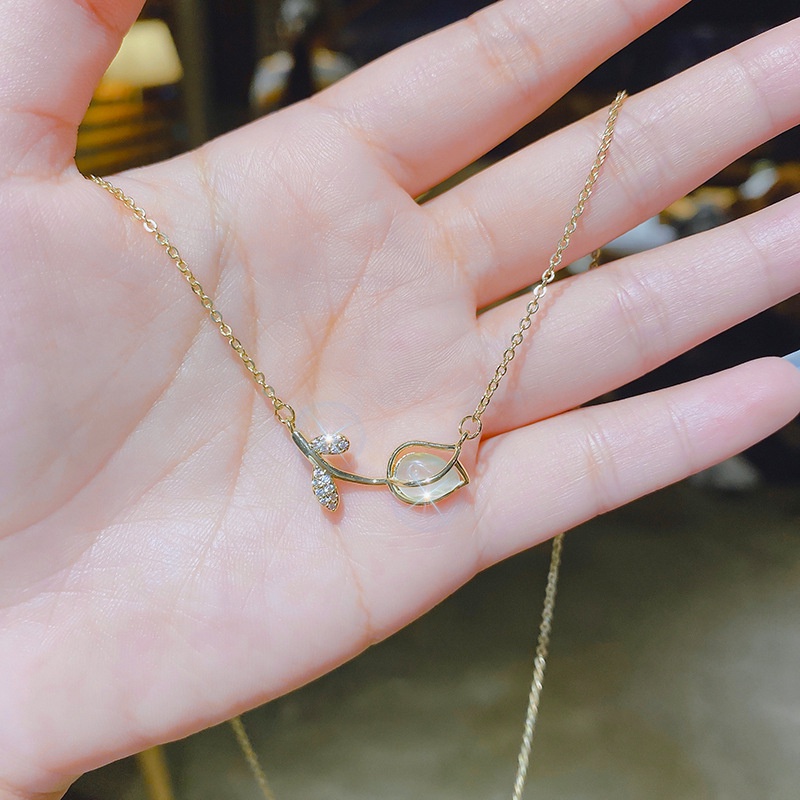 Vòng cổ Mặt Hoa Tulip Đính Đá Opal Sang Trọng Cho Nữ