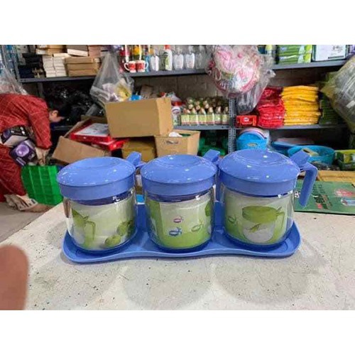 [ TẶNG MUỖNG ] BỘ 3 HŨ THỦY TINH ĐỰNG GIA VỊ KÈM KHAY