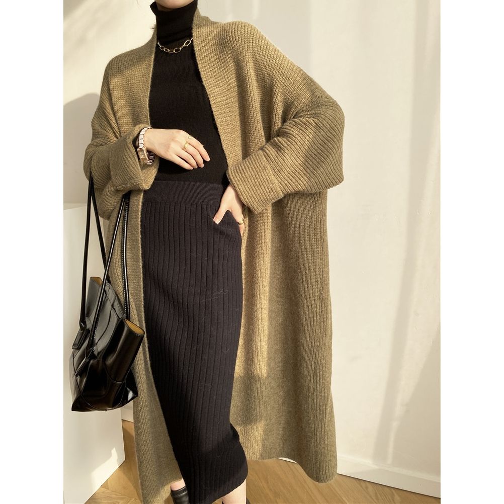 [Spot] Áo Khoác cardigan Dệt Kim Dày Dáng Rộng Dài Qua Gối Phong Cách Hàn Quốc Đơn Giản Thời Trang