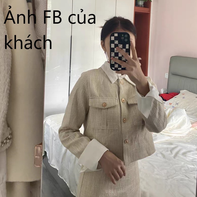 [sẵn] Set Áo Váy Dạ Tweed Màu Vàng Be Siêu Sang Chảnh Có Ảnh Thật AC053