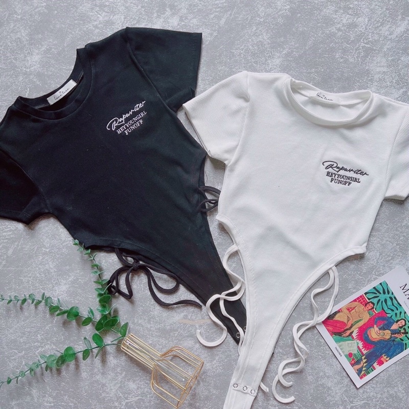 Áo bodysuit nữ tôn dáng buộc dây 2 bên eo, hoạ tiết chữ thêu sắc nét | BigBuy360 - bigbuy360.vn