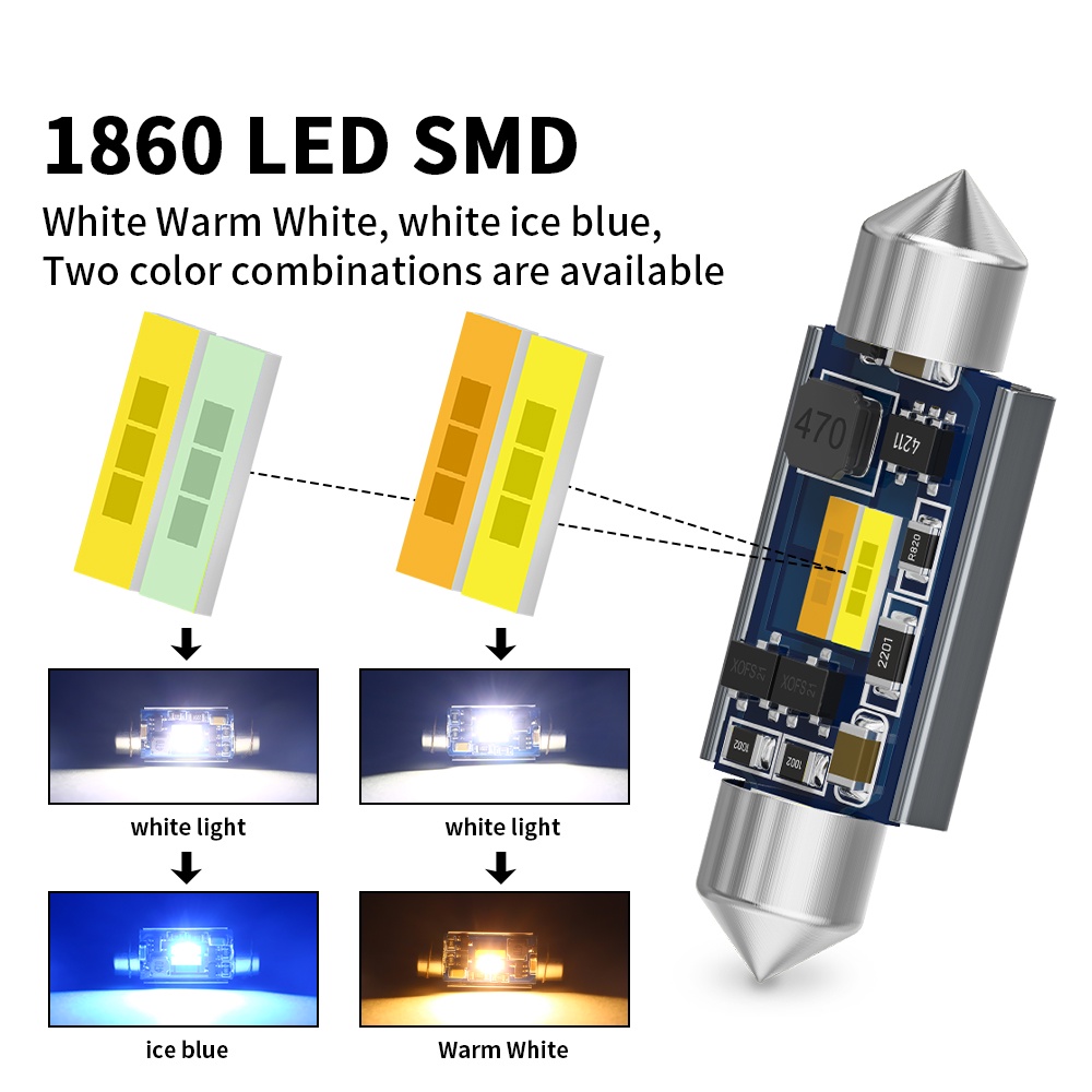 Set 2 Đèn LED T10 1860 2SMD 31MM 36MM 39MM 41MM Ánh Sáng Trắng Dành Cho Ô Tô Xe Máy