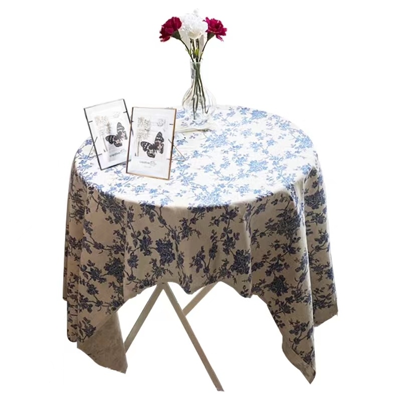 Khăn Trải Bàn Vải Cotton Lanh In Hoa Màu Xanh Dương Đơn Giản Phong Cách Hàn Quốc