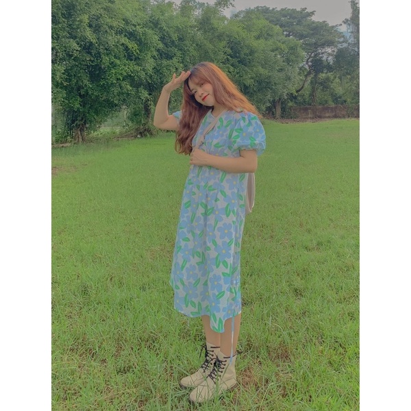 Váy babydoll tay phồng dáng dài, Đầm babydoll hoa nhí cổ tròn phong cách tiểu thư Ulzzang tay ngắn