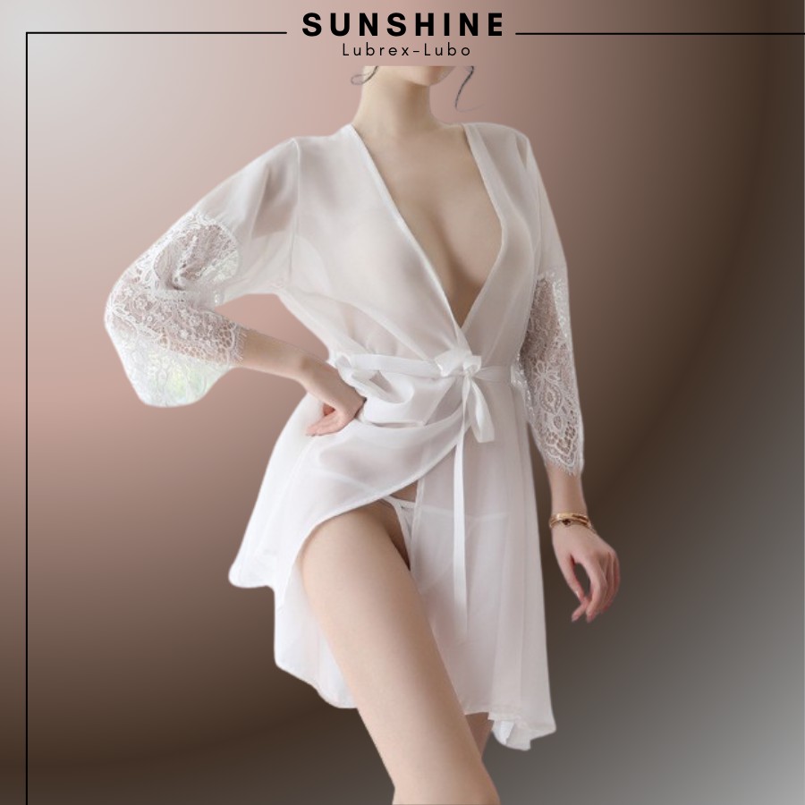 Áo choàng kimono Voan lụa phối ren cao cấp SUNSHINE LUBREX-LUBO Màu Trắng TINH KHÔI