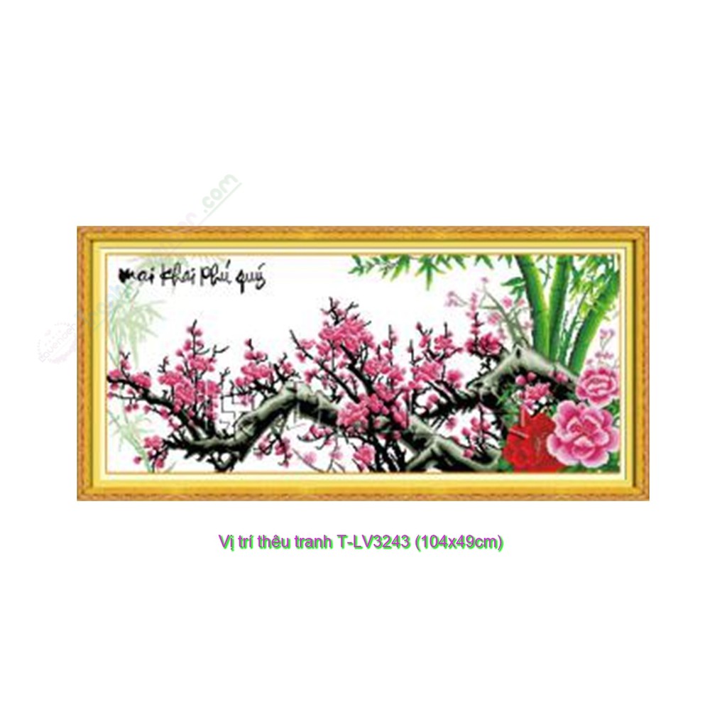 [T-LV3243]Tranh thêu chữ thập Hoa cỏ Mai khai phú quý (104x49cm)