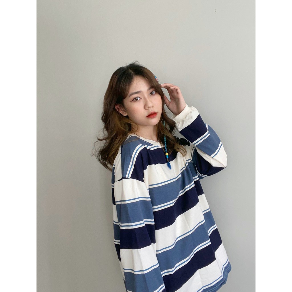 Áo sweater form oversize sọc xanh siêu đẹp mặc được cả mùa hè .