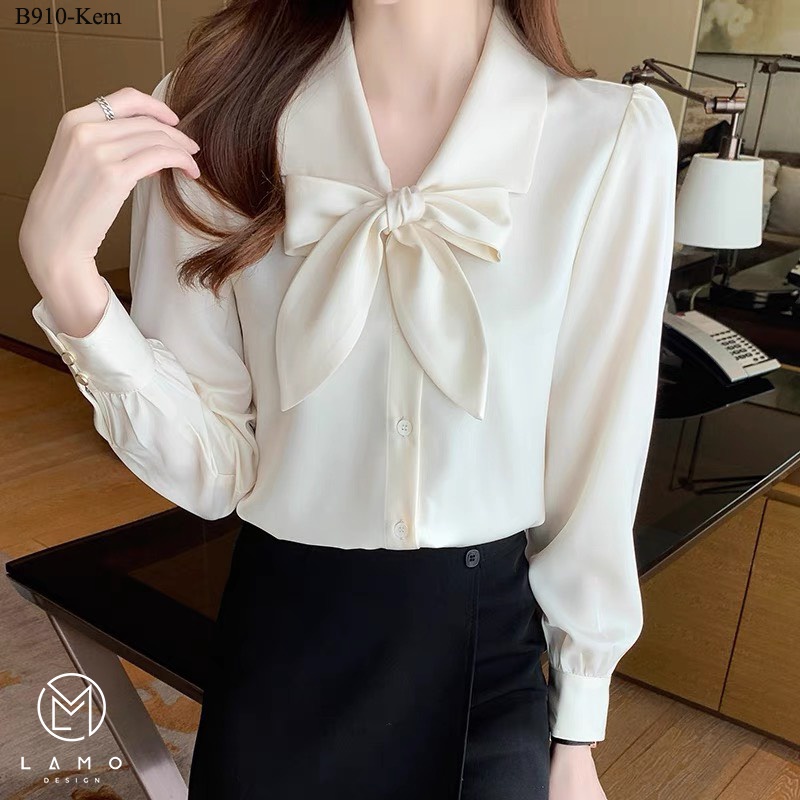 Áo sơ mi công sở nữ lụa ngoc trai cột nơ xinh xắn LAMO-B910