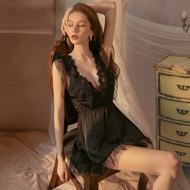 [FREE SHIP] Đầm ngủ, váy ngủ phi lụa phối ren mềm sexy Vn43