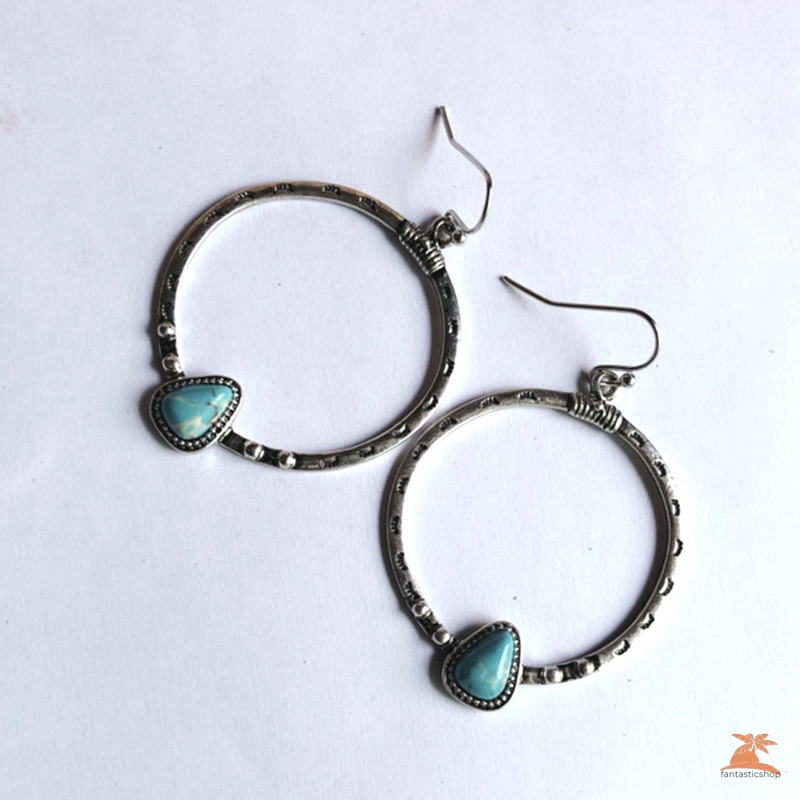 【COD】 Bohemian Style Metal Silver Big Circle Drop Earrings Vintage Pendientes Inlaid Blue Stone Women Earrings