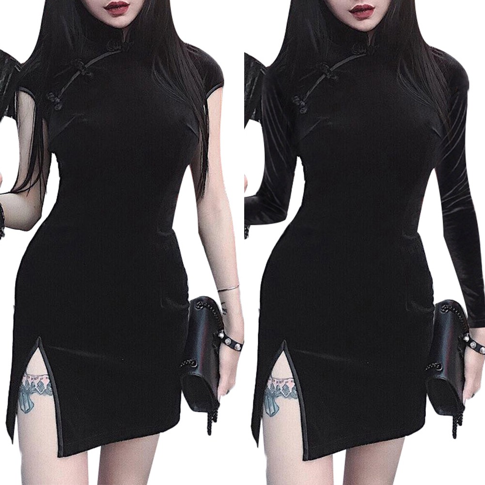 Chinese Women Solid Color Velvet Short/Long Sleeve Bodycon Cheongsam Mini Dress | BigBuy360 - bigbuy360.vn