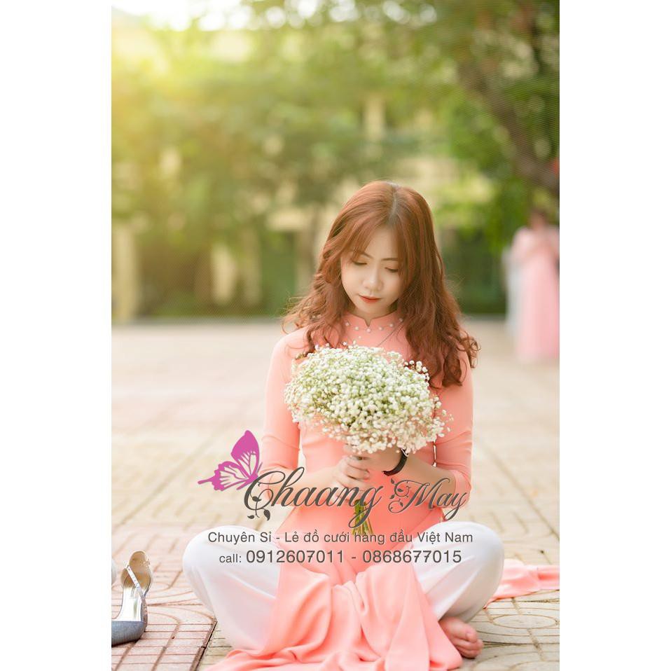 Áo Dài Màu Cam Truyền Thống May Sẵn Cổ Vuông Tay Lỡ Đính Ngọc Vải Lụa Mặc Lễ Tết Đẹp