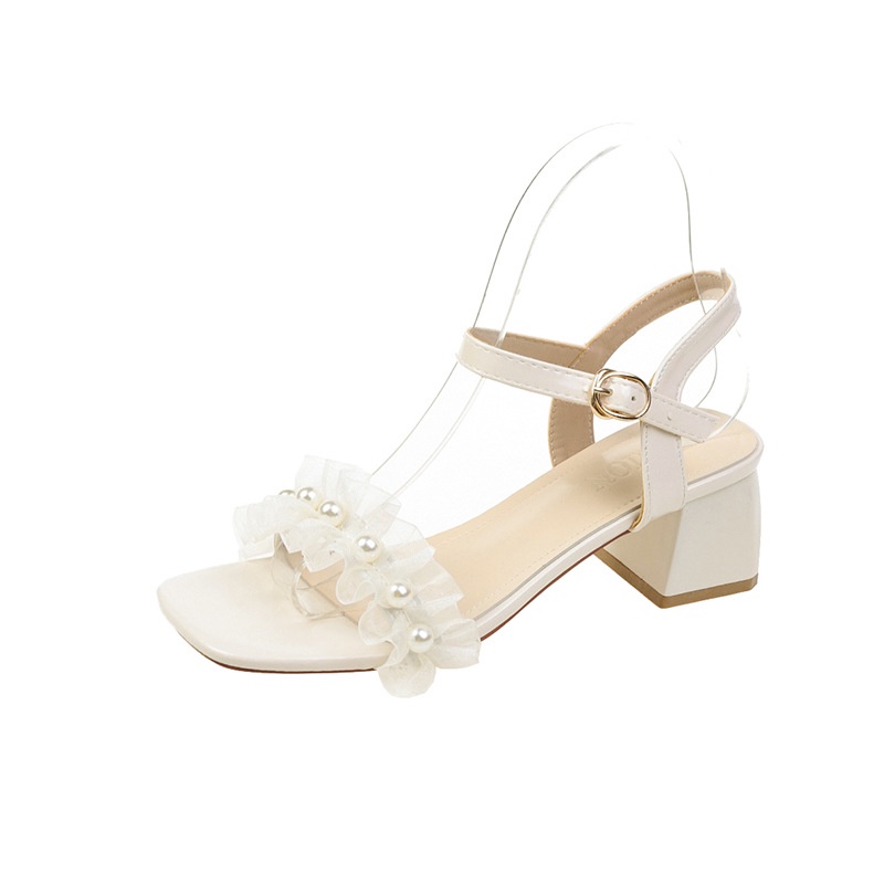 giày cao gót form rộng sandal nữ minhtuyetshoes đế vuông 4cm-5cm quai nhún bèo ren đính hạt ngọc