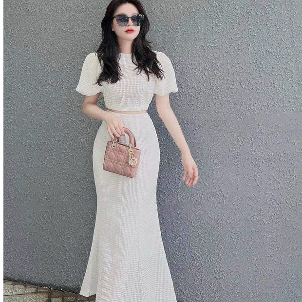 Set áo croptop tay phồng kèm chân váy đuôi cá dễ thương sang chảnh đi chơi dự tiệc xinh xắn