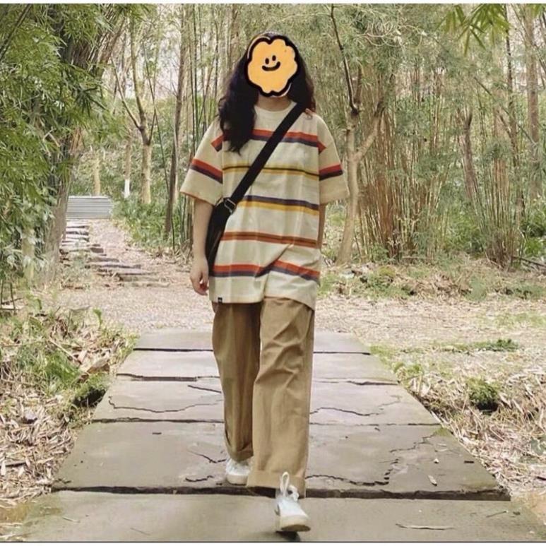 Set Áo Thun Kẻ Quần Kaki Nâu Nữ [FREESHIP]  Bộ Đồ Phông Form Rộng Tay Lỡ Culottes Suông Ống Rộng Ulzzang