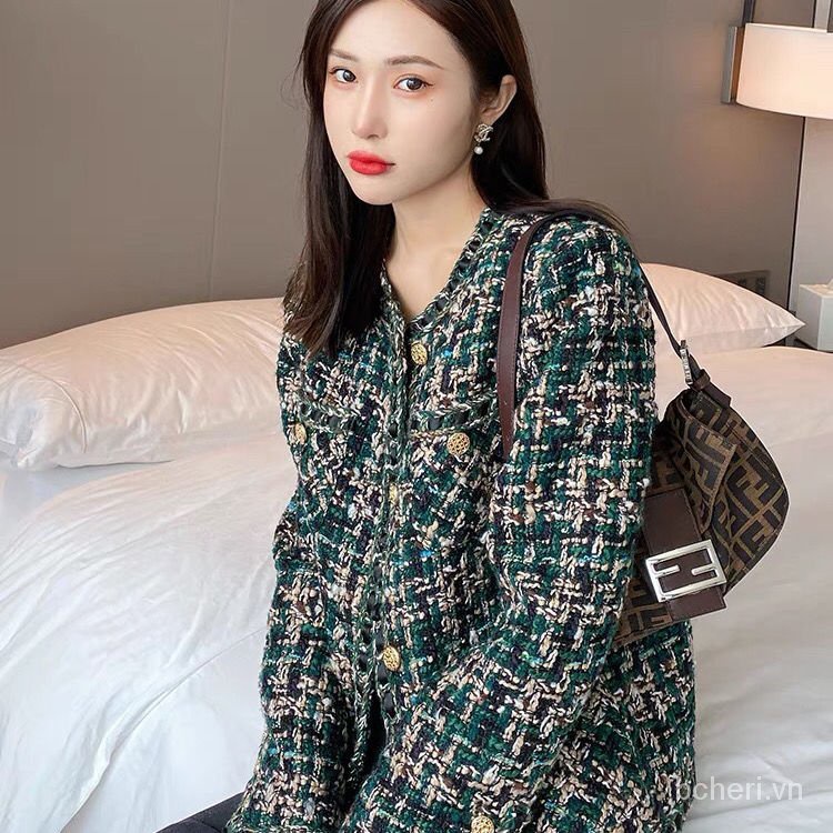 áo khoác dạ tweed nữ thu đông 2021 Năm Retro dáng ngắn xanh | BigBuy360 - bigbuy360.vn